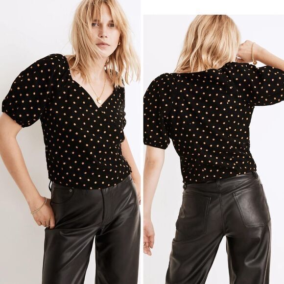 NEW Madewell Corduroy Puff-Sleeve Wrap Top in Oval Dot, S - Picture 2 of 16